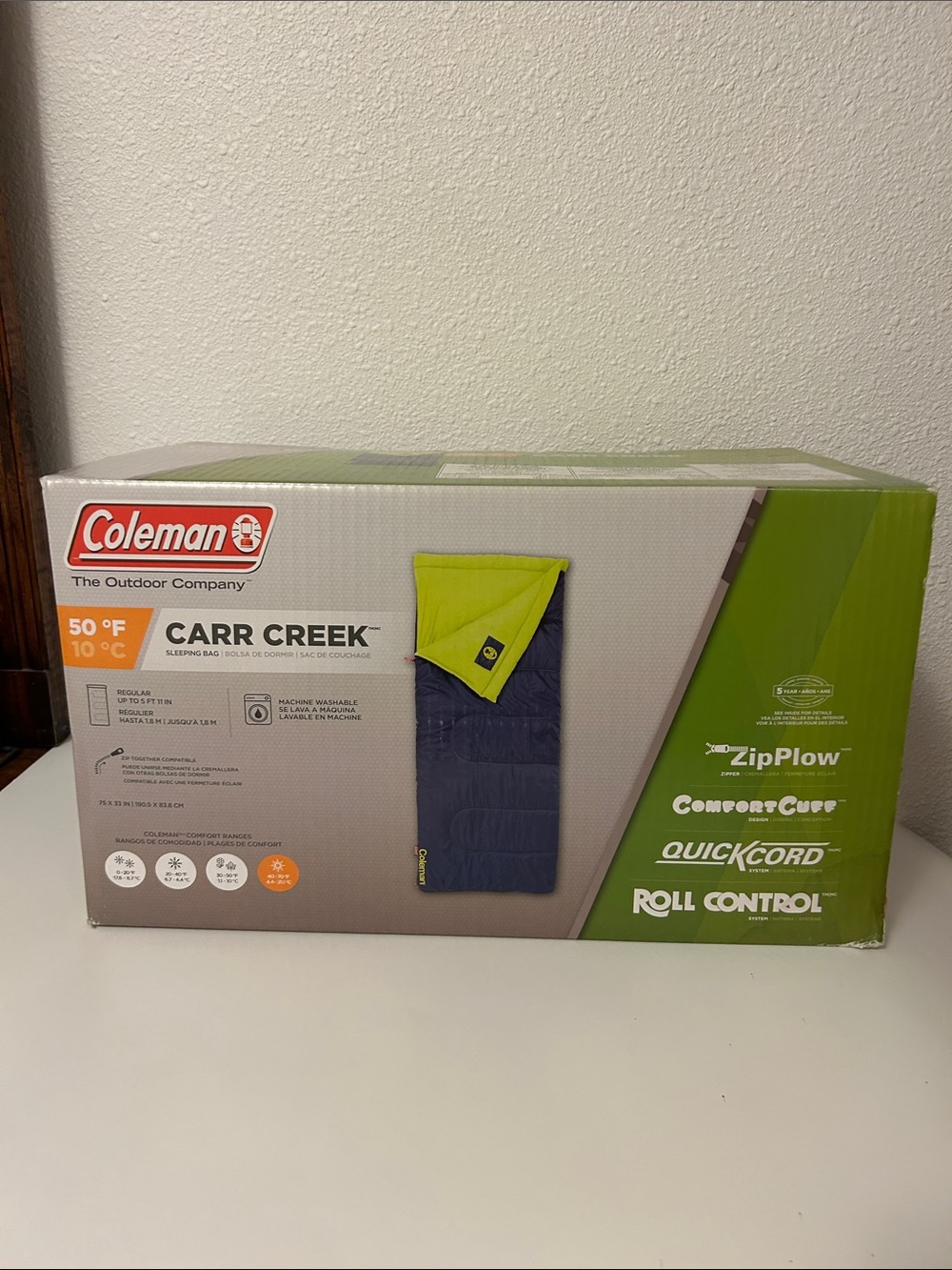 Coleman Carr Creek Sleeping Bag for Mild Weather in Navy and Lime Green 75x30"
